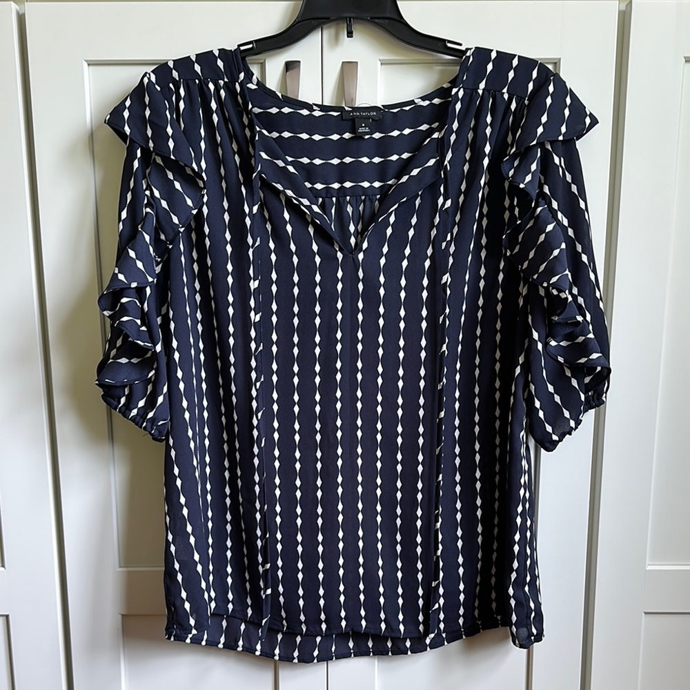 Ann Taylor Navy Blouse with White Stripes